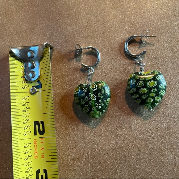 💚 Green heart Italian Millefiori floral earrings green silver - Picture 4 of 8